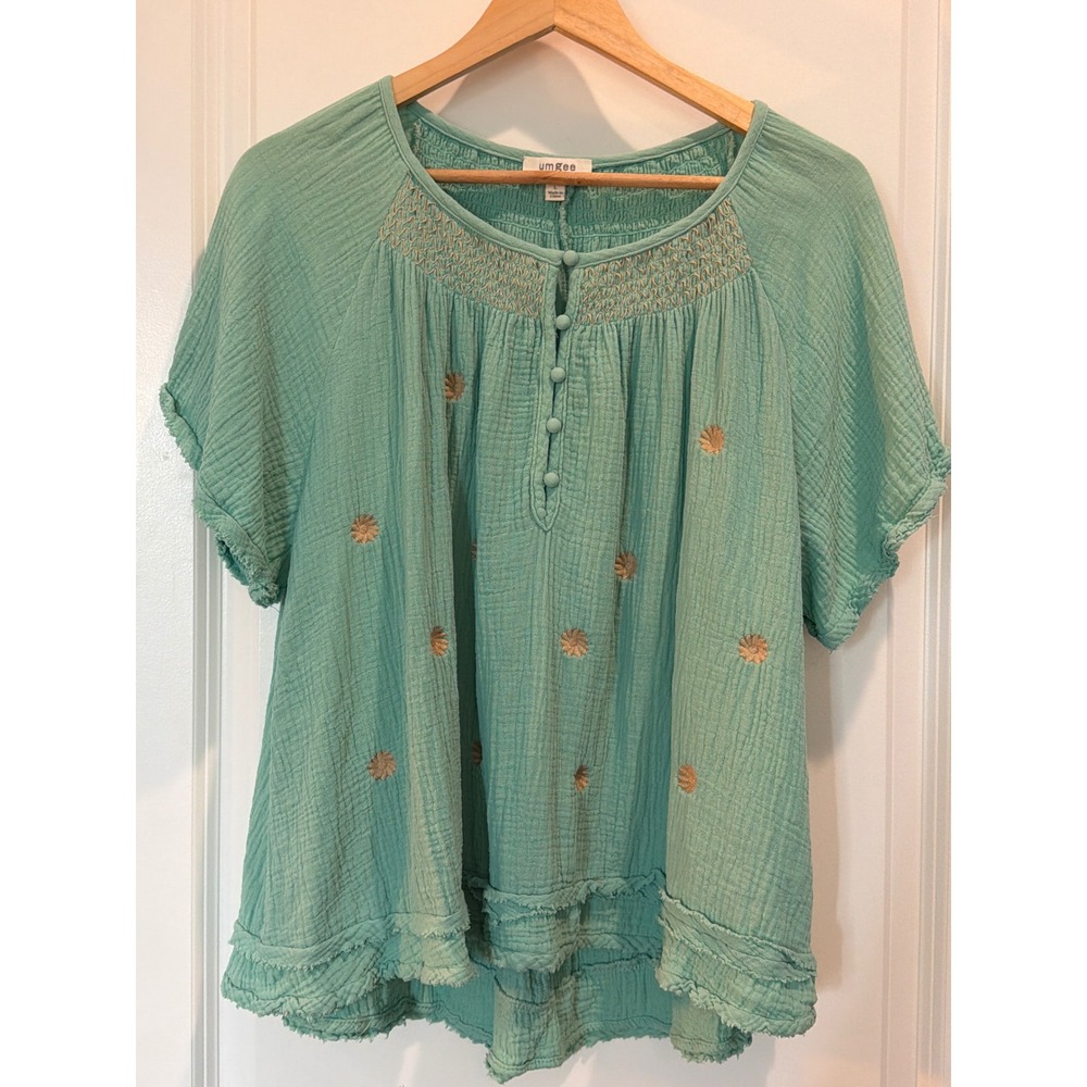 Umgee USA Womens Large Seafoam Green Cotton Gauze Embroidered Boho Blouse C3686